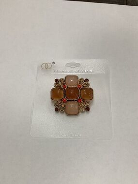 Gold-Tone Square Cabochon Brooch in Beige and Brown